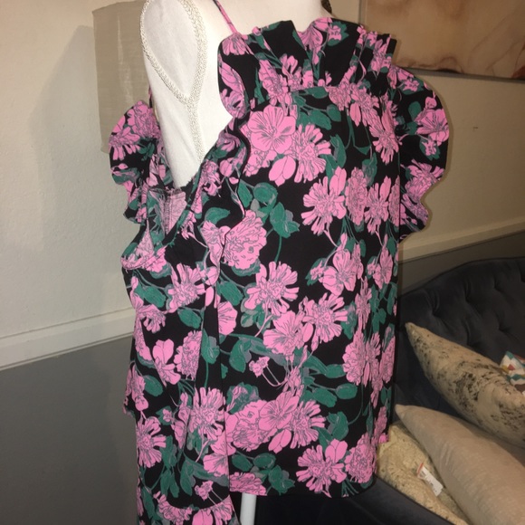 Floral Pink Black Ruffle Cold Shoulder Top Blouse - Picture 2 of 6